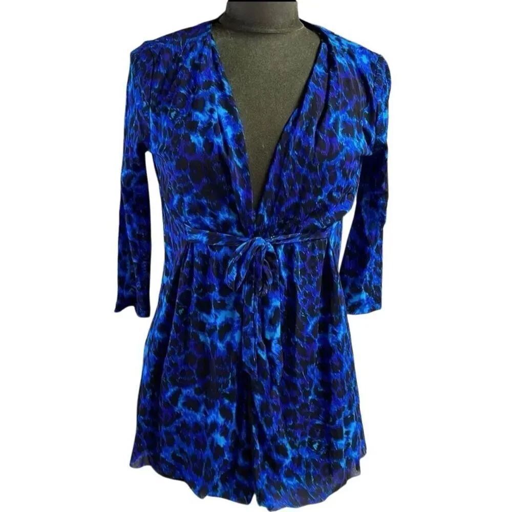 Josephine Studios Petite XS Blue Black Leopard Wrap Top Tie Waist